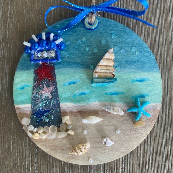Coastal Lighthouse Holiday Ornament - Blue and Red - Picture 6 of 12